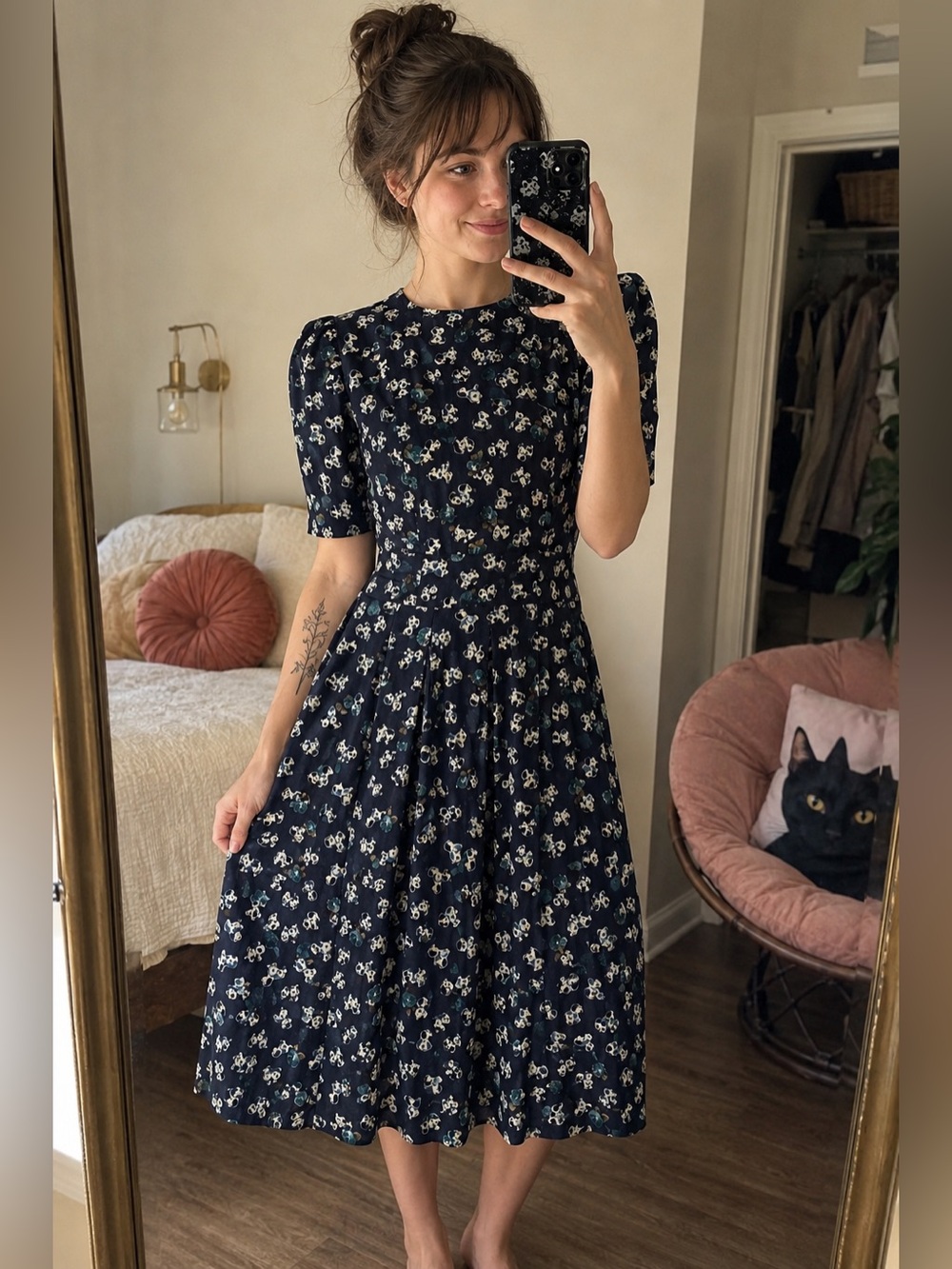Vintage 80s Karin Stevens Puppy Dog Floral Rayon Midi Dress Size 10